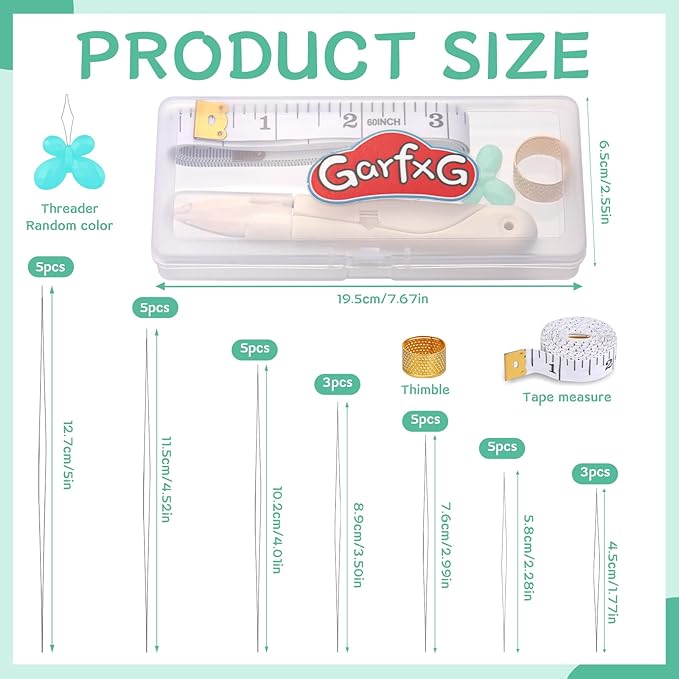 GarfxG Beading Needles Set - 31 pcs Big Eye Seed Collapsible Beading Needles in 7 Sizes with Thimble, Scissors, Threaders and Ruler for Jewelry Bracelets Making & DIY Crafting