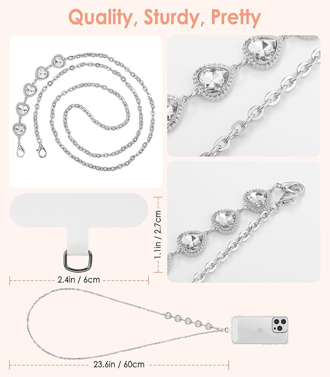 MoKo Universal Phone Lanyard, Metal Cell Phone Chain Crossbody Strap Anti-Theft Detachable Women Cellphone Lanyards Around The Neck with Patches for iPhone, Most Smartphones - Silver (Heart Shape)