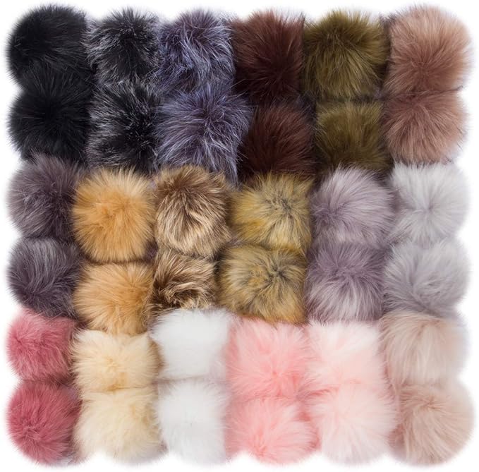 36 Pcs Faux Fur Pom Poms for Hats - Soft Pom Pom Fluffy Balls with Elastic Loop for Crafts, Removable Knitting Accessories for Shoes Gloves Bags Scarves Keychain (18 Color, 4.5 in )