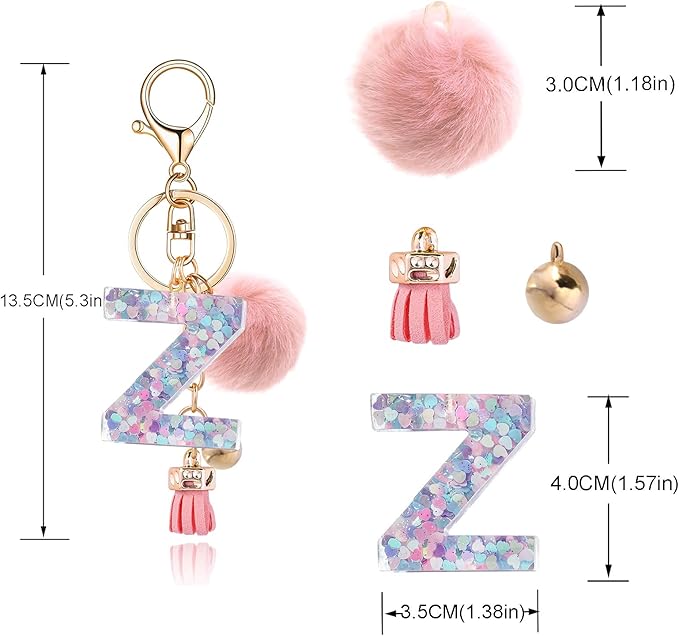 Resin Alphabet Initial Letter Keychain Keyring for Women Purse Handbags With Fur Ball Pom