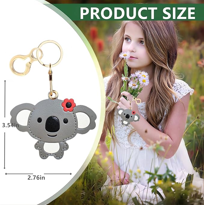 Leather Keychain Holder Case Compatible with AirTag,Cute Protective Cover with Keyring,Anti-Scratch Finder GPS Tracker Case for Wallet Keys,Bag,Pets(Koala Grey)