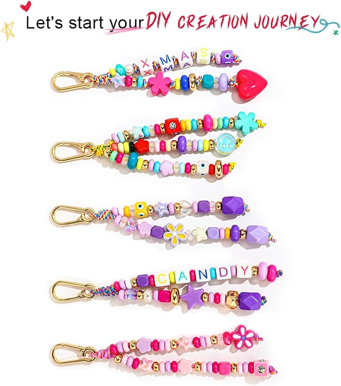 HolidayQbee DIY Bead Keychain Making Kit for Kids Beaded Bag Charm Kit Alphabet Beads Muti-Colorful Heart Pony Bead for Key Chain Making Kit Bag Charm Making Kit Gifts for Boy Girls
