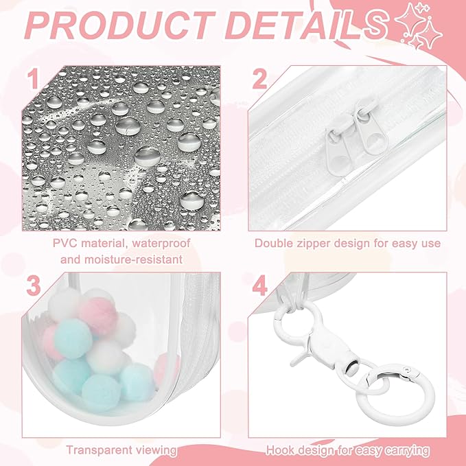 uxcell 4 Inch Clear Figure Display Bag, Mini Clear Pouch Waterproof Coin Pouch with Keychain and Pom Poms for Blind Box Doll Display (Round, White)