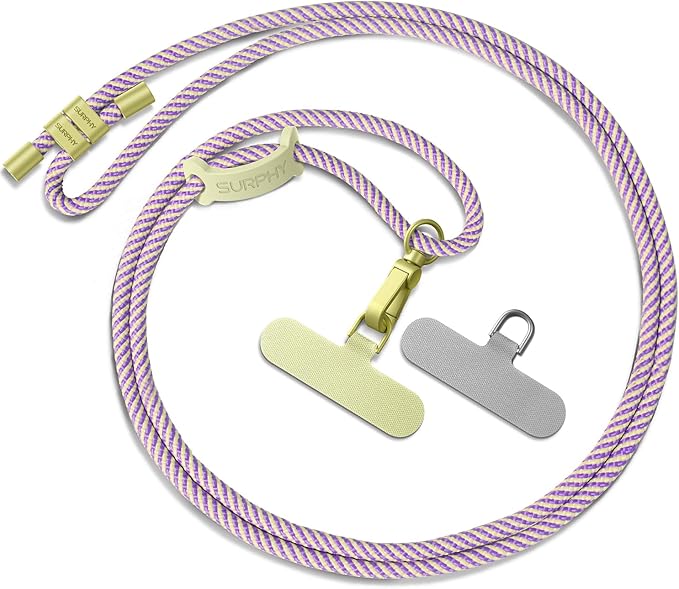 SURPHY Phone Lanyard, Adjustable Phone Strap Crossbody with 2 Pack Phone Tether Tab, Premium Metal Buckles and Two-Color Braided Cell Phone Lanyard Crossbody for Women and Men, Purple & Yellow