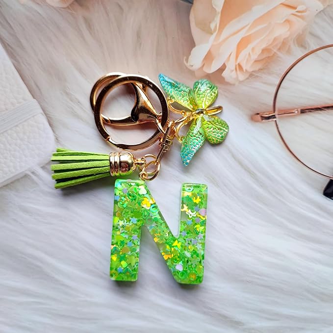 Cute Initial Letter Keychains for Women Girls Tassel Butterfly Pink Purple Green Keychain for Backpack School Bag