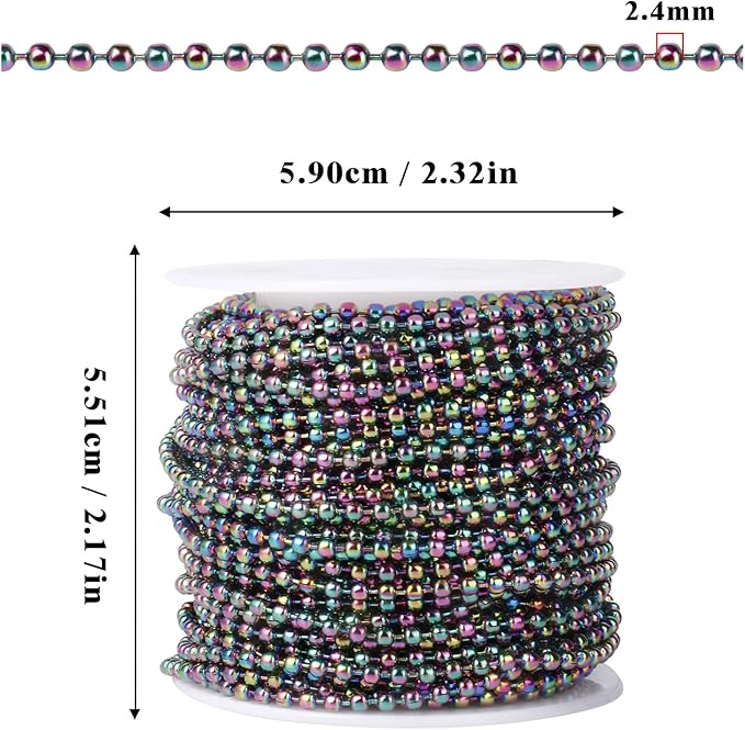 [50 Feet] Rainbow Stainless Steel Ball Bead Chains Roll, 2.4mm Width 304 Stainless Steel Ball Chains Spool with 30 PCS Connectors Bulk for Jewelry Making