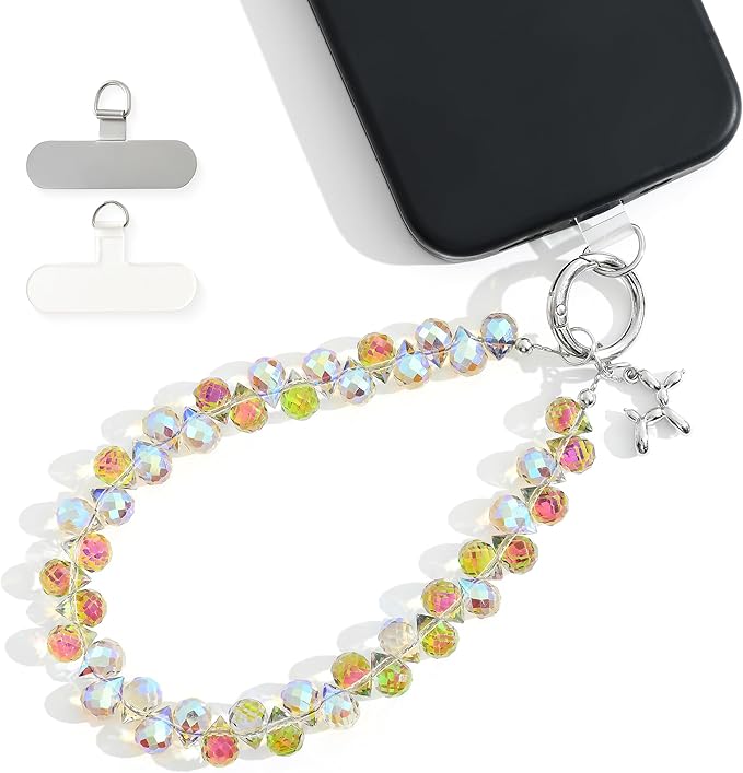 Crystal Phone Wrist Strap Phone Charm Chain Keychain Beaded Cellphone Lanyard with Tether Tab Hands-Free Wristlet Bracelet Wrist Grip Strap for Women, D-Rainbow