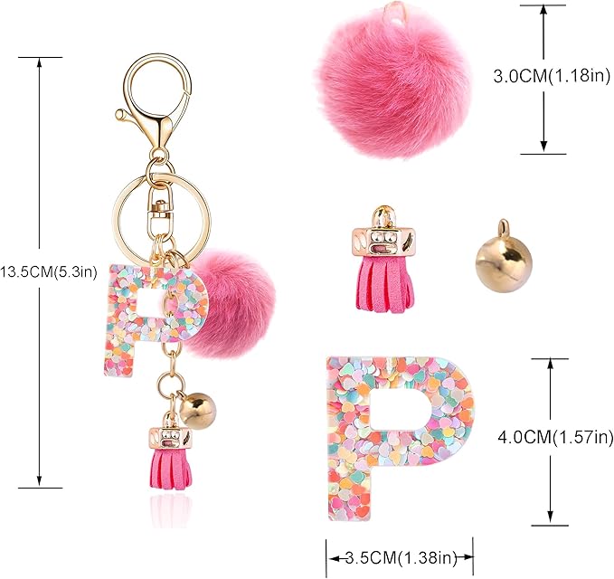 Resin Alphabet Initial Letter Keychain Keyring for Women Purse Handbags With Fur Ball Pom