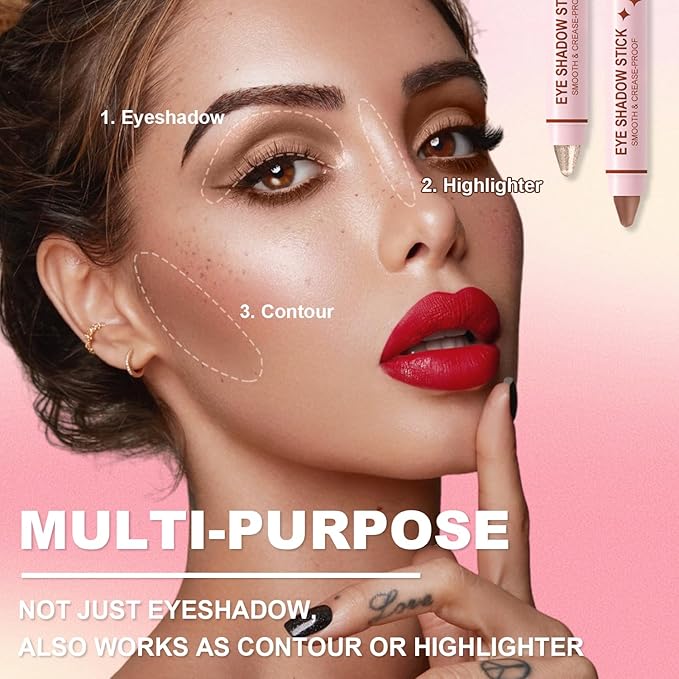 8Pcs Eyeshadow Stick, Eye Brightener Stick Built-in Blender Brush, Shimmer Creamy Eye Shadow Makeup, Waterproof Long Lasting Glitter Highlighter Eye Liner Pencil (8PCS A)
