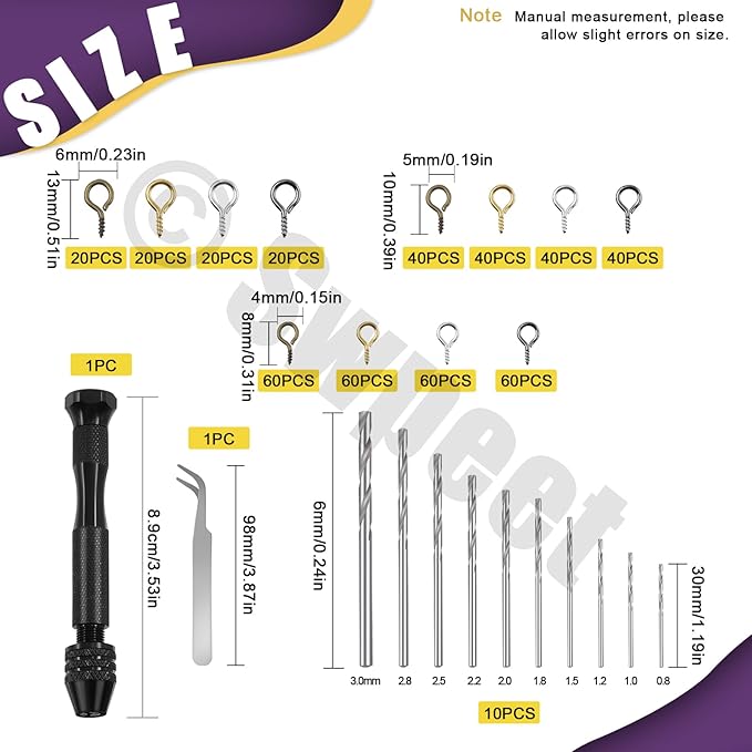 Swpeet 492Pcs Pin Vise Small Push Hand Drill and 0.8-3mm Drill Bits Set with Tweezer and 4/5/6mm Eye Screws Assortment Kit, Hand Drill for DIY Keychain, Jewelry Making, Resin Polymer Clay Craft