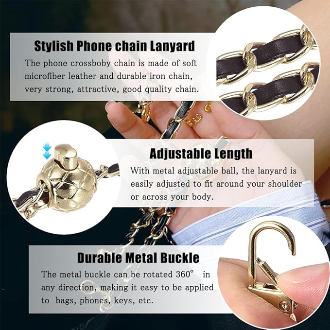 Phone Crossbody Chain Cell Phone Lanyard,Universal Leather+Metal Shouder Strap with Phone Tether Patches (I)
