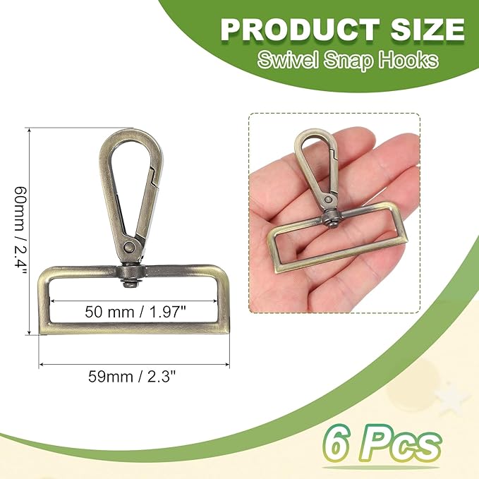 Swivel Snap Hooks, Metal D Ring Keychain Lanyard Clip Hook Lobster Clasp Claw Push Gate Clip - Fitting for(Purse Making - Sewing - DIY Crafts) 6 Pcs & 2" & Bronze Patina