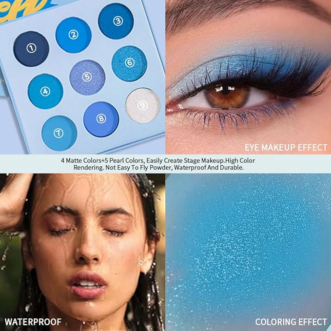 9-Color Blue Eyeshadow Palette – Matte, Shimmer & Glitter High-Pigment Eye Makeup, Waterproof Long-Lasting Blendable Navy, Aqua, Teal & Silver Shades for Bold, Creative & Mermaid Looks
