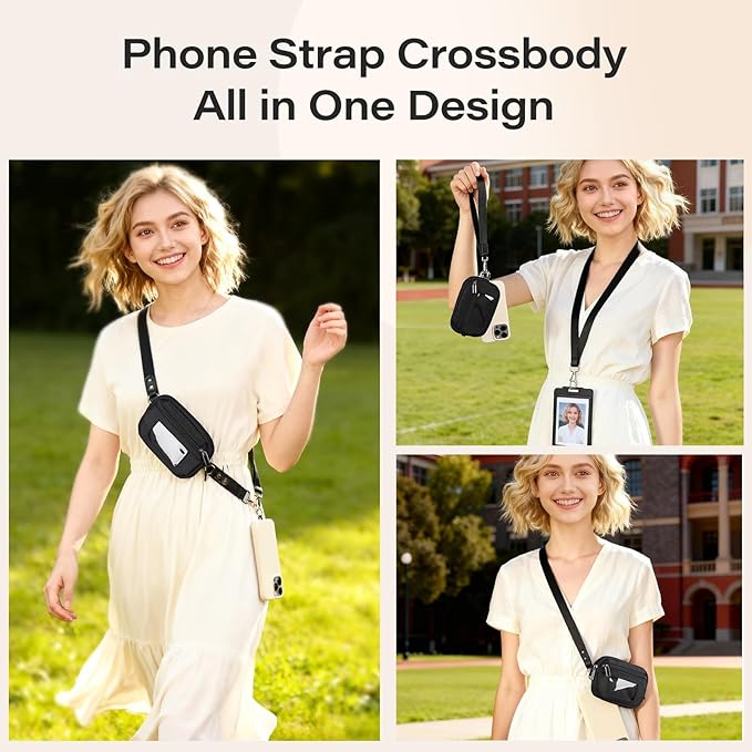 Phone Lanyard Crossbody with Wallet，Detachable Phone Strap Wristlet with ID Window and Zipper，Adjustable Strap for All Phone