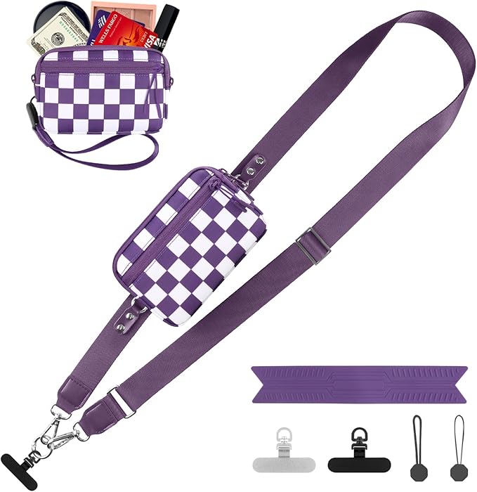Clip and Go Strap for Phone with Wallet Crossbody, Adjustable Phone Lanyard with Detachable RFID Wristlet Wallet, Phone Strap with Phone Tabs for All Phones, Purple Checkered (M)