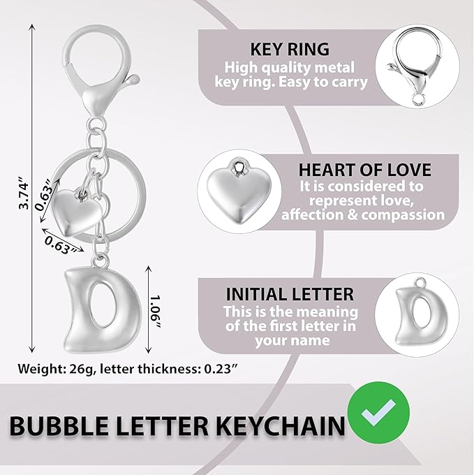 Heart Bubble Letter Keychain for Women, Girls - Cute Keychain with Initial - Alphabet Keychain for Bag Charm, Handbag