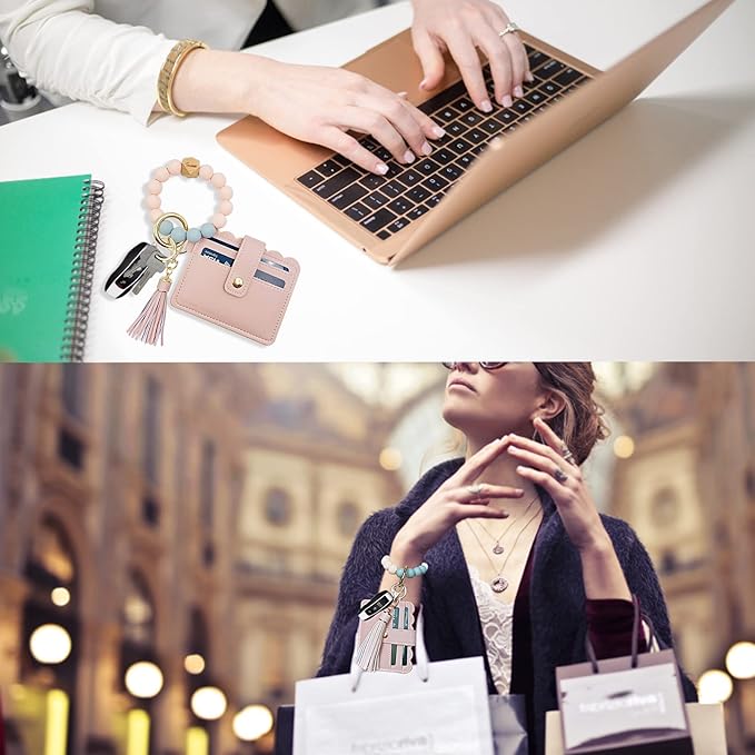 Keychain Wallet Wristlet Small Credit Card Holder Bracelet Key Chain Purse Bangle Tassel Beads Key Rings for Women