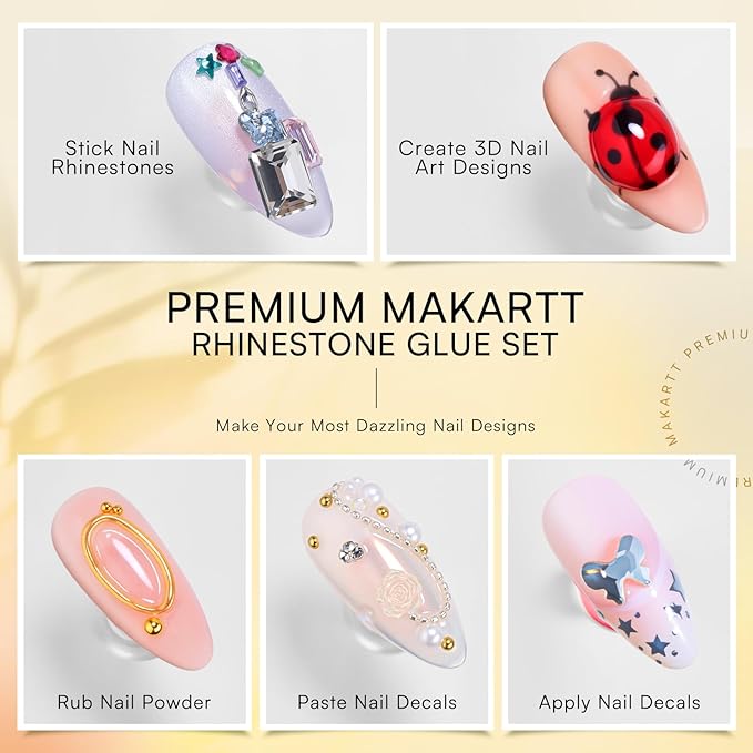 Makartt Nail Rhinestone Glue Gel Set: 60g 3D Super Strong No Wipe Nail Glue for Charms Gems Crystals Beads Decorations Gem Grip Glue DIY Beginners & Salon UV Lamp Needed (2PCS Low & Medium Viscosity)