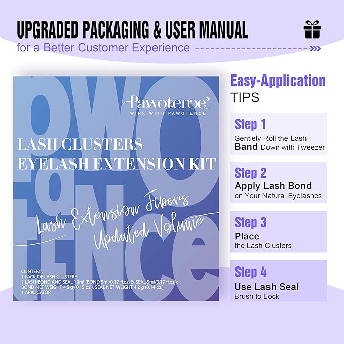 Pawotence Lash Extension Kit Individual Lash Clusters Kit 40D 50D Eyelash Extension Kit 8-16mm Eyelash Clusters with Lash Bond and Seal, Lash Tweezers for Beginners (40D&50D, 0.07D, 8-16mm, Kit)
