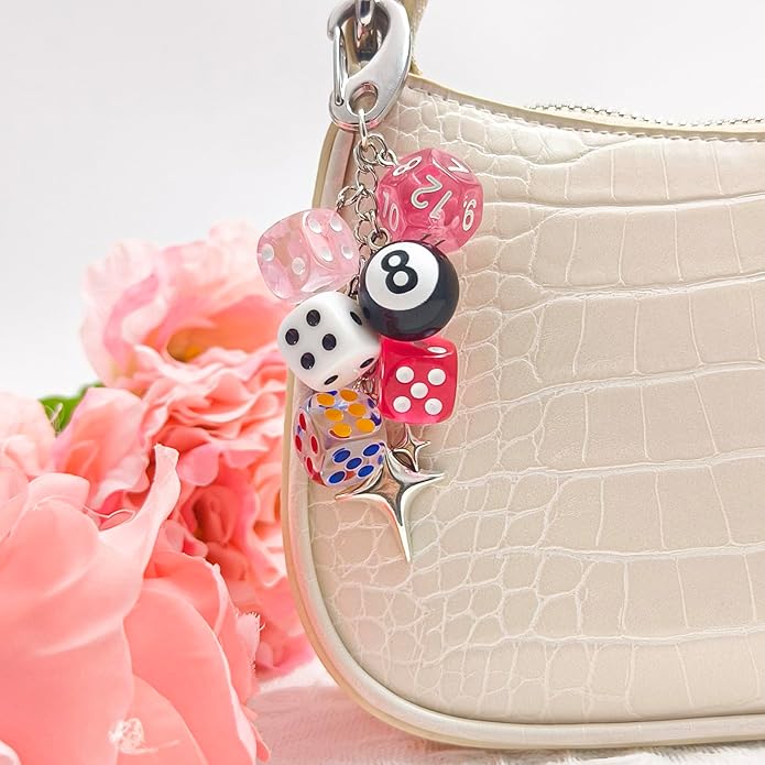 Y2K Keychain for Women, 8 Ball Dice Charm with Carabiner Clip - Cute Goth Core Keychain Bag Charm for Keys Bags Jeans