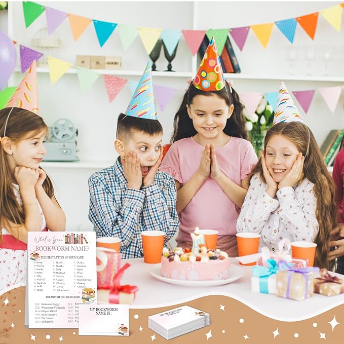 Book Party Decorations, Bookworms Theme Birthday Party Sign for Boys Girls,Kids Activity Cards, What's Your Bookworm Name, Activity Supplies