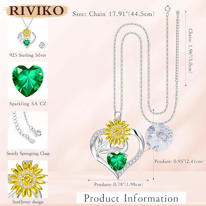 RIVIKO Valentine's Day Gifts for Her-Sunflower Birthstone Necklace for Women,925 Sterling Silver Heart Pendant,Anniversary Birthday Gifts for Women,Birthstone Jewelry for Wife Mother