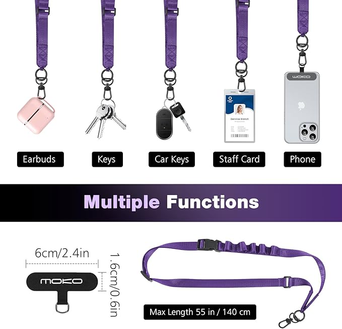 MoKo Universal Phone Lanyard, Nylon Adjustable Cell Phone Crossbody Strap Detachable Women & Men Cellphone Lanyards Around the Neck with Patches for iPhone, Most Smartphones, Dark Purple