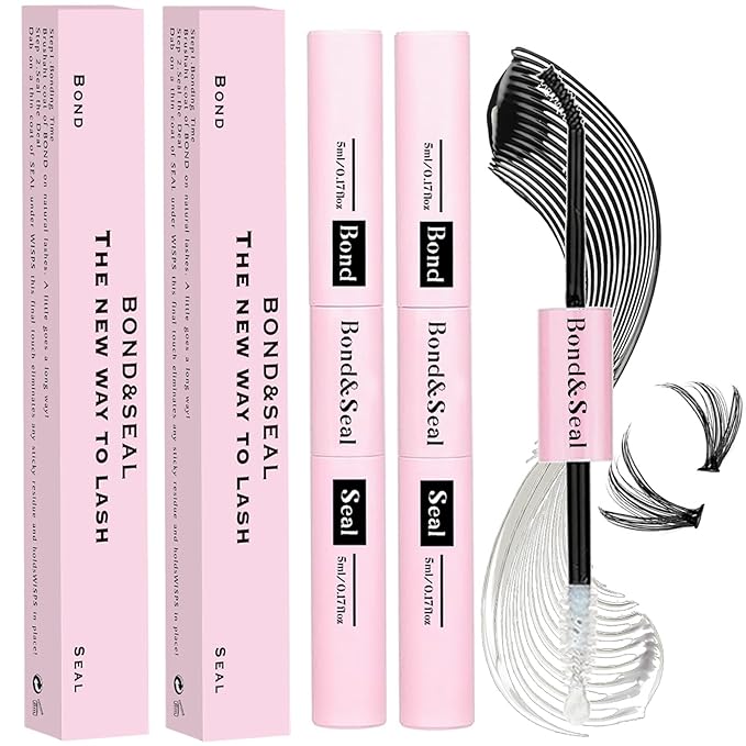 Lash Bond and Seal Kit 2Pcs DIY Lash Extension Waterproof Lashe Cluster Glue 72h Hold Portable Individual Lash Glue for Eyelash Extensions Beginners Black Bond&Clear Seal(5ml+5ml）