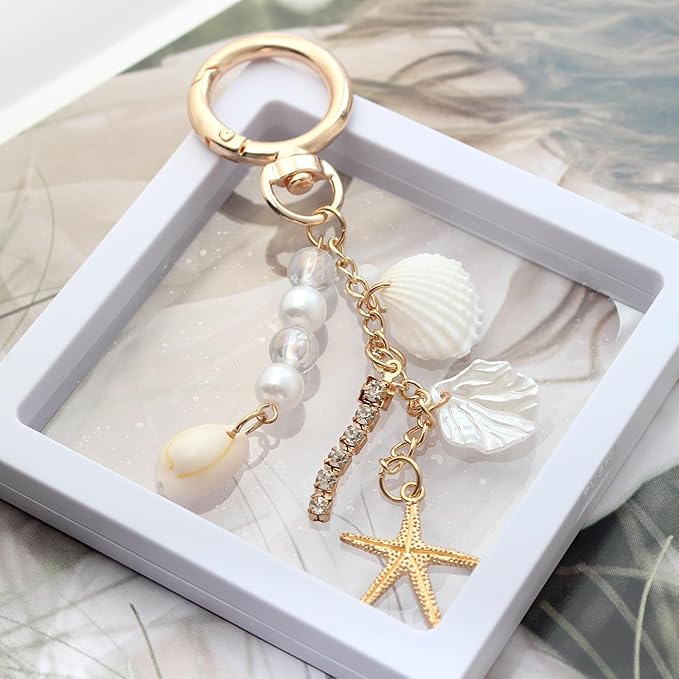 Pearl Beaded Keychain Charms, Cute Purse Charms for Handbags, Gold Starfish Keyring for Women, Heart Star Moon Shell