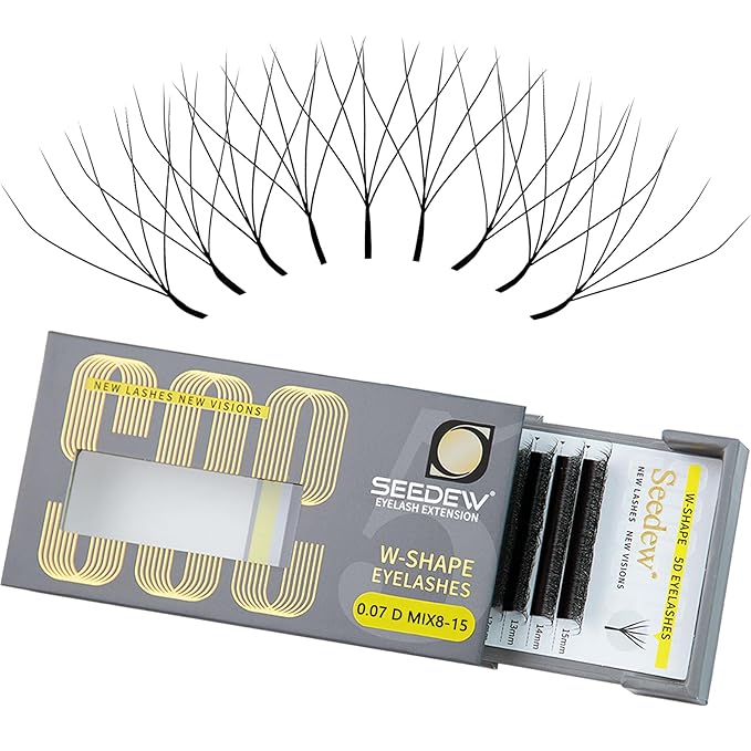 SEEDEW 5D Lash Extensions, 0.07mm D Curl MIX8-15mm 12 Rows/Tray, W Shape Flat Stem, Korean PBT Volume Eyelash Grafting for Beginner Artist, Lash Tech, Beauty Salon(5D-Matte Black-0.07-D-MIX8-15mm)