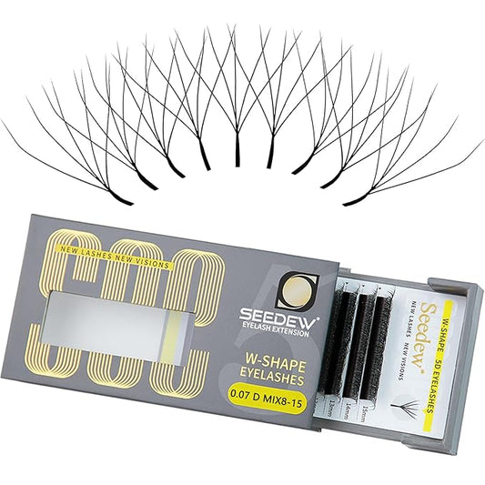 SEEDEW 5D Lash Extensions, 0.07mm D Curl MIX8-15mm 12 Rows/Tray, W Shape Flat Stem, Korean PBT Volume Eyelash Grafting for Beginner Artist, Lash Tech, Beauty Salon(5D-Matte Black-0.07-D-MIX8-15mm)