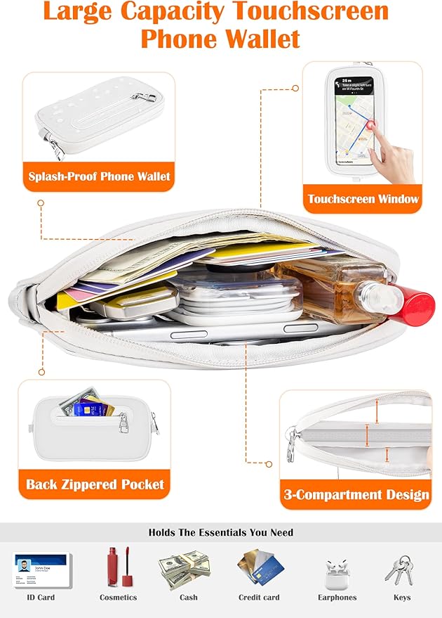 takyu Clip and Go Strap for Phone with Wallet Crossbody, 4-in-1 Adjustable Phone Lanyard with Detachable Wallet Wristlet Strap, Convertible Crossbody Bags with ID Window for Women Travel, White