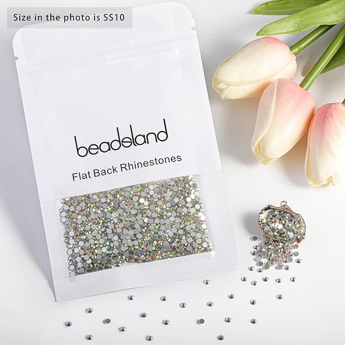 beadsland 1440pcs Flat Back Crystal Rhinestones Round Gems for Nail Art and Craft Glue Fix, CrystalAB, SS10, 2.7-2.9mm