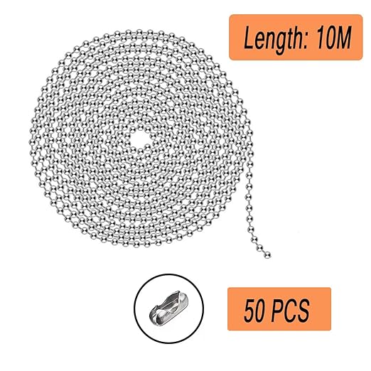 33Ft Ball Bead Chains, 3.2mm 304 Diameter Stainless Steel Chain with 50 PCS Connectors for Jewelry Chain DIY Craft Making, Necklace, Hanging Ornament, Key Chain, Dog Tag Chain