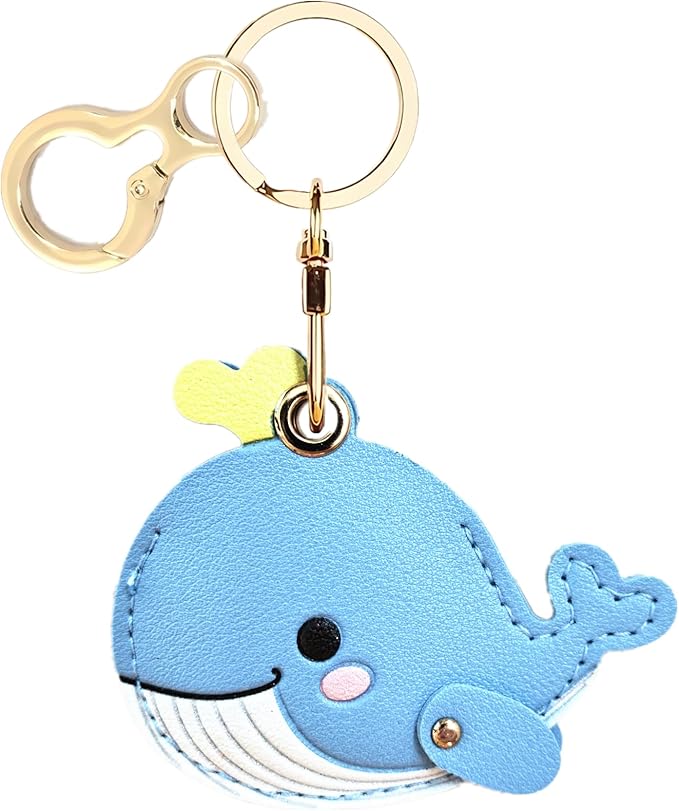 Leather Keychain Holder Case Compatible with AirTag,Cute Protective Cover with Keyring,Anti-Scratch Finder GPS Tracker Case for Wallet Keys,Bag,Pets(Whale Blue)