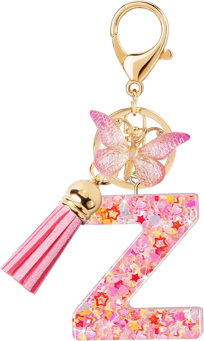 Initial letter Keychains for Women Girls Tassel Butterfly Cute Keychain for Wallet Backpack charm