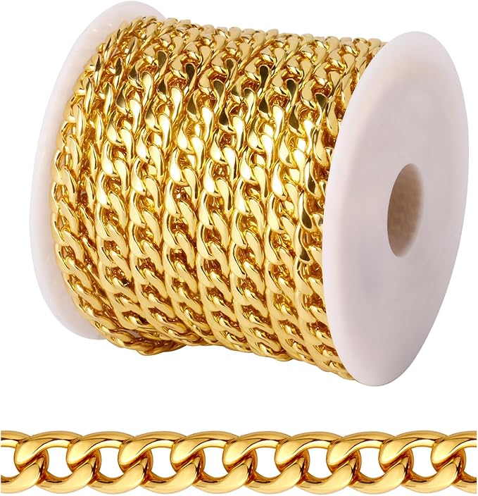 [16.5 FT] 18K Gold Plated Curb Chain for Jewelry Making, 6mm Wide 304 Stainless Steel Cuban Link Chain Roll Bulk for DIY Jewelry Making Craft