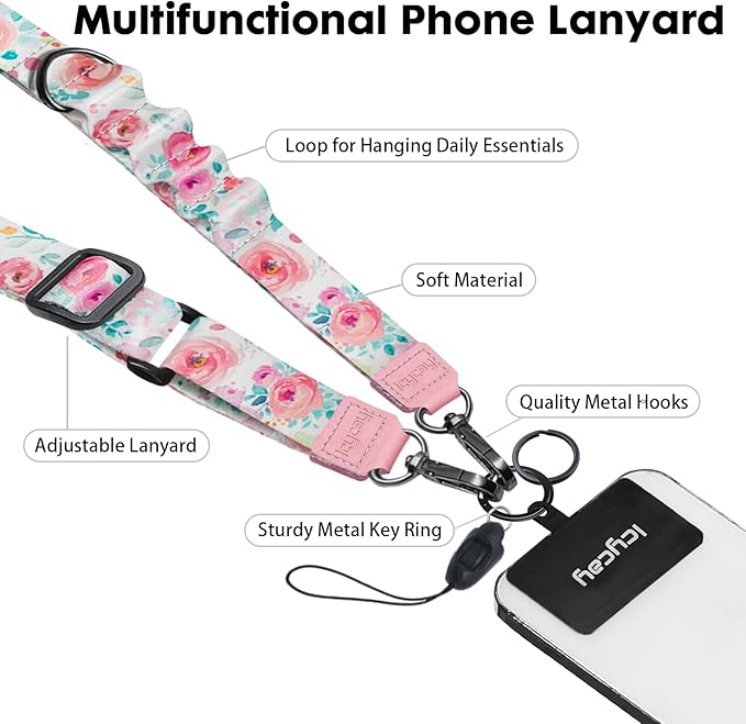 Phone Lanyard Crossbody, Peony Flower Cell Phone Strap for Around The Neck Adjustable, Anti Theft Cute Lanyard for iPhone Case ID Holder Keys Accessories Travel Essential