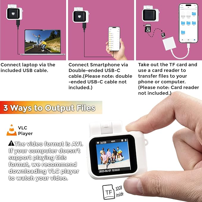 Small Digital Camera Keychain with Flash Light 1080p Tiny Camera Mini Retro Micro 1.4 in LCD Screen 32GB Card Charging Base Compact Portable Recorder for Travel Study Recording (White)