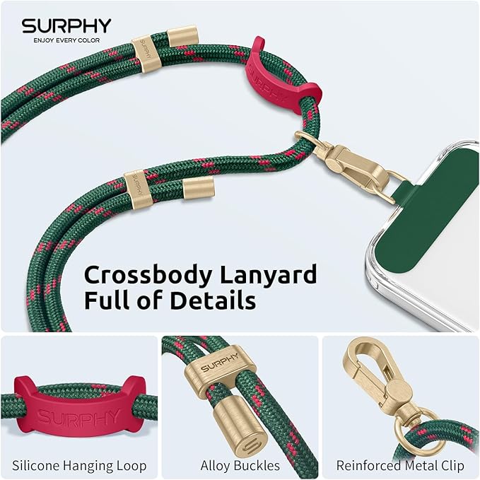 SURPHY Phone Lanyard Crossbody, Adjustable Cell Phone Lanyard with 2 Pack Phone Tether Tab, Two-Color Braided Phone Strap (Christmas Green)