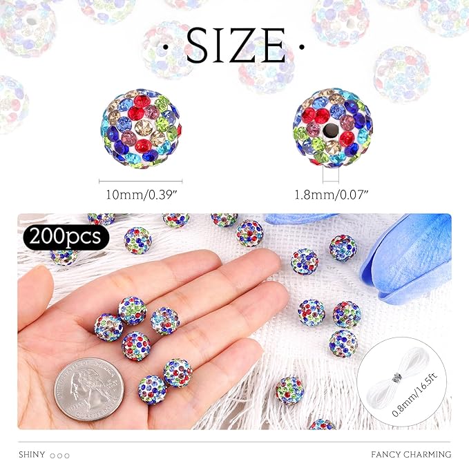 200 Pcs White Mixed Rhinestone Beads for Jewelry Making, Sparkle Crystal Clay Christmas for Bracelet Baseball Necklace Earring Crafting and DIY, Shiny Round Shamballa Disco Ball Beads Bulk