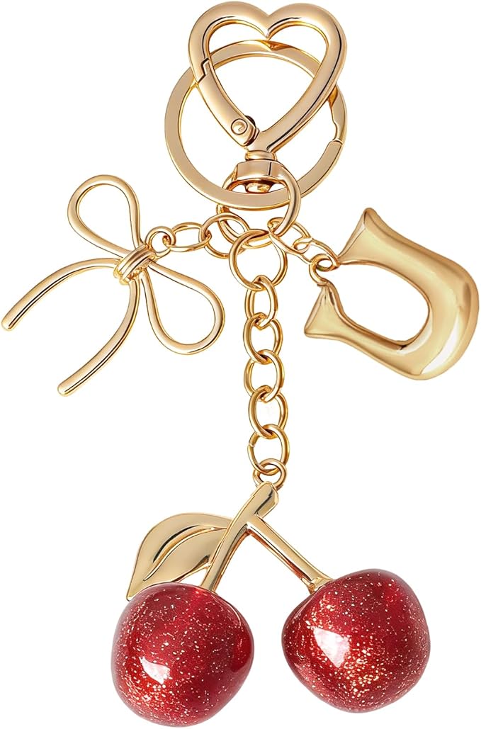 Snycler Bubble Initial Keychain with Cherry & Bow - Gold Letter Bag Charms for Women, Cute Purse Handbag Accessories