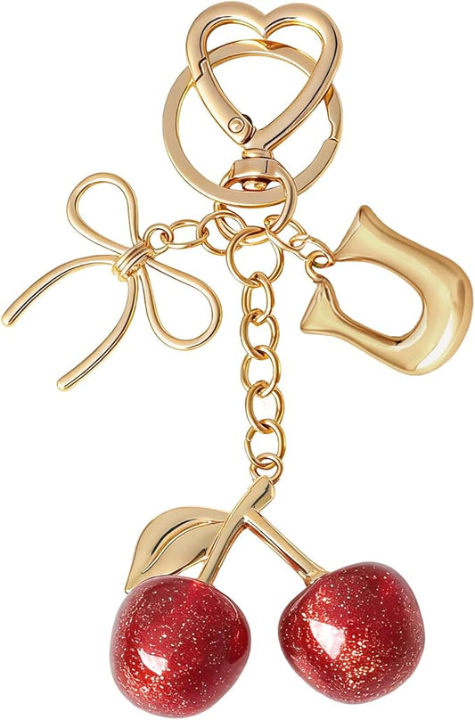 Snycler Bubble Initial Keychain with Cherry & Bow - Gold Letter Bag Charms for Women, Cute Purse Handbag Accessories