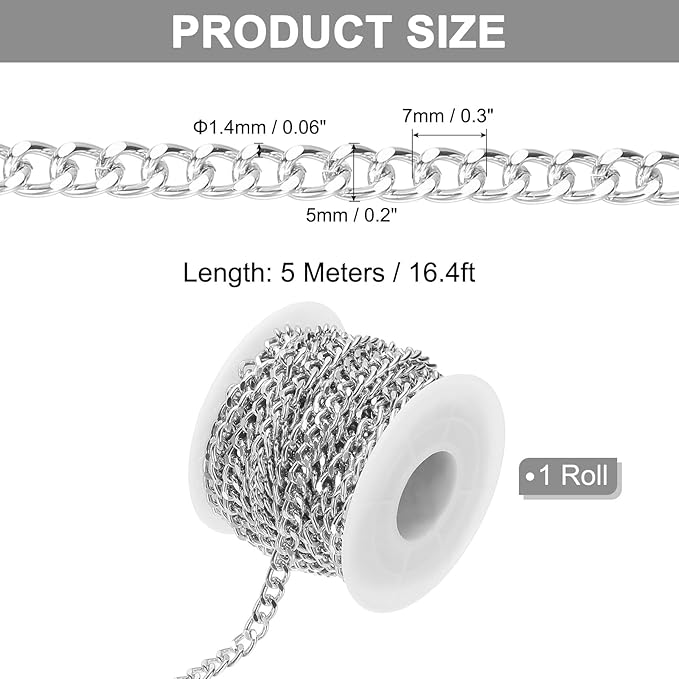 PATIKIL 16.4Ft Aluminium Curb Chains Twisted Links, 7x5mm Curb Chain Spool Jewelry Making Chains Craft Chain for Necklace Bracelet Earring, Silver