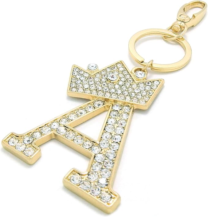 CBC Crown Crystal Rhinestone Letter Initial Keychain, Gold Metal, Bag Charm with Key Ring Approx. 2.17" x 2.56"