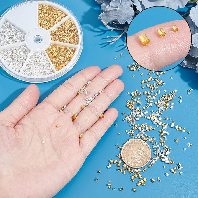 PH PandaHall Crimp Tube Beads, 3000 Pcs 1.5mm 2mm 2.5mm Brass Tube Crimp End Spacer Beads Cord End Caps Loose Stopper Bead for Earring Necklace Pendant DIY Jewelry Gift Making, Golden/Silver