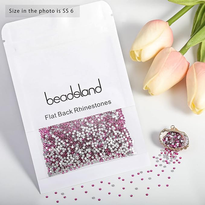 Beadsland 1440pcs Flat Back Crystal Rhinestones Round Gems for Nail Art and Craft Glue Fix, Fuchsia,SS6,1.9-2.1mm