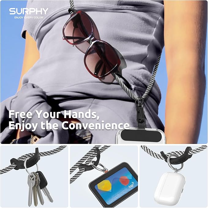SURPHY Phone Lanyard, Adjustable Phone Strap Crossbody with 2 Pack Phone Tether Tab, Premium Metal Buckles and Two-Color Braided Cell Phone Lanyard Crossbody for Women and Men, Black & White