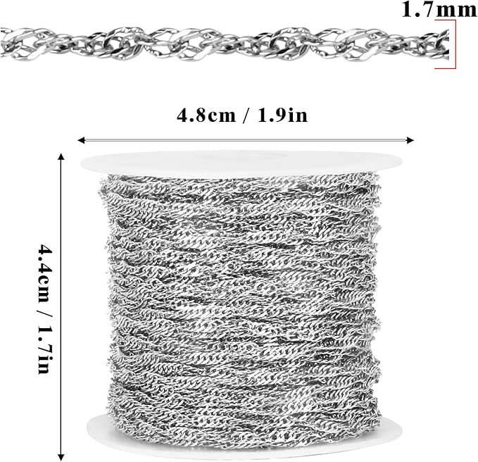33 Feet Stainless Steel Singapore Chains Roll, 1.7mm Width 304 Stainless Steel Twisted Link Chain Bulk Spool for Jewelry Making DIY Craft