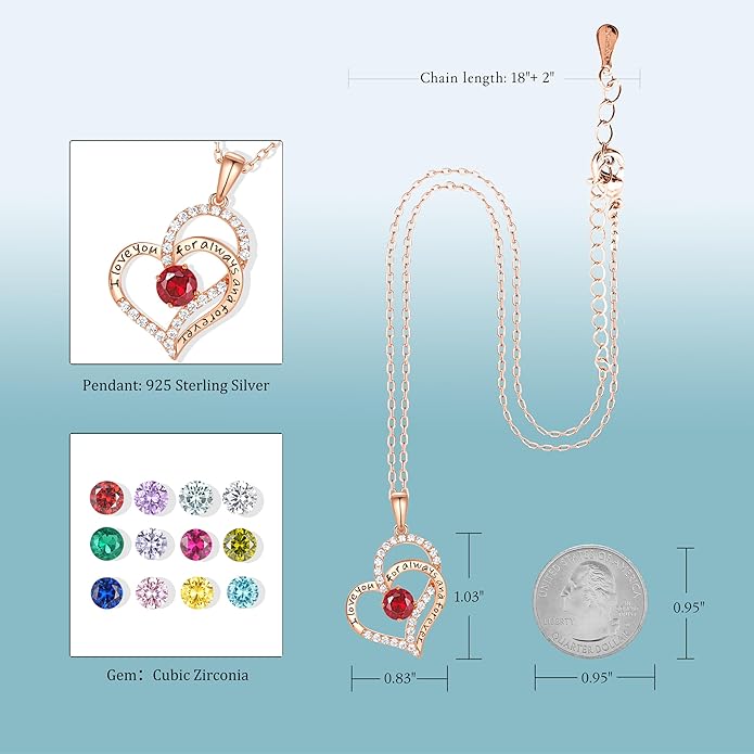 LynChoe Birthday Gifts Double Heart Birthstone Necklace for Women, S925 Sterling Silver Pendant Necklace Jewelry for Her Mother Mom Wife Girlfriend